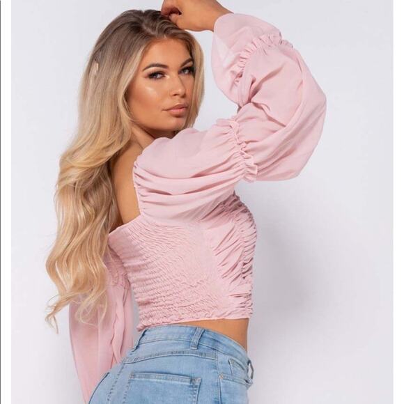 NWT Parisian Off Shoulder Ruched Sheer Top Womens 4 Pink Romantic Coquette - Picture 6 of 7